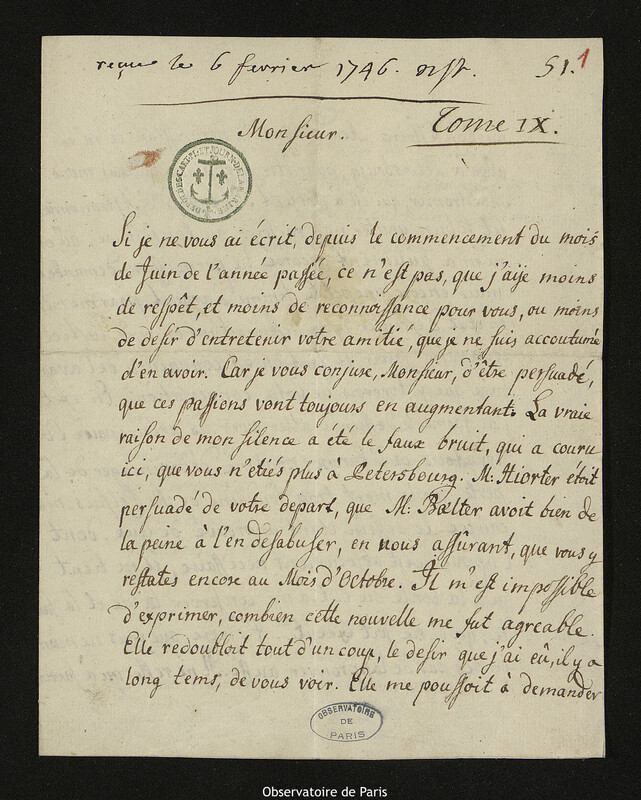 Lettre de Pehr Wilhelm Wargentin à Joseph-Nicolas Delisle, Uppsala, 19 janvier 1746