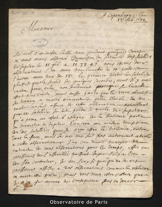 Lettre de Picard à Cassini I, Copenhague le 13 février 1672