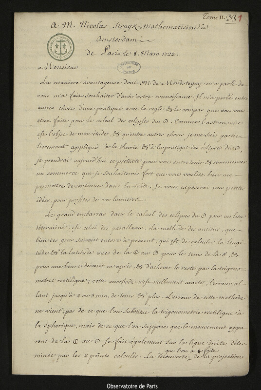 Lettre de Joseph-Nicolas Delisle à Nicolaas Struyck, Paris, 8 mars 1722