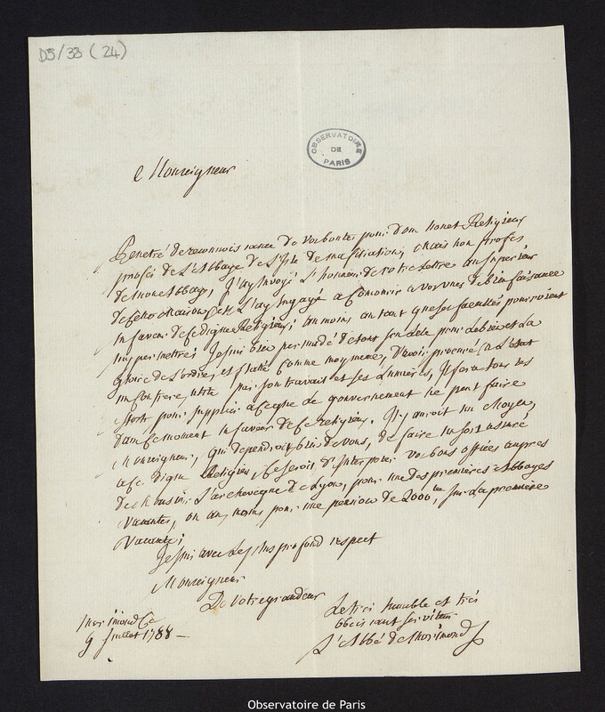 Lettre d'Antoine Chautan, abbé de Morimond à Cassini IV, 9 juillet 1788