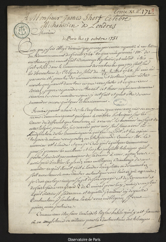 Lettre de Joseph-Nicolas Delisle à James Short, Paris, 13 octobre 1751