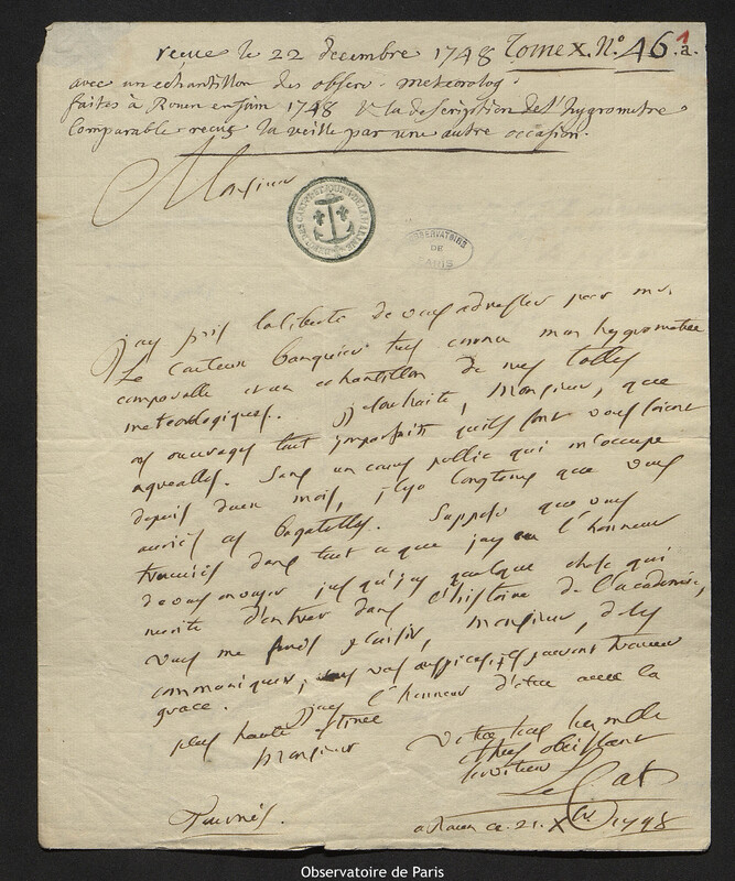 Lettre de Claude-Nicolas Le Cat à Joseph-Nicolas Delisle, Rouen, 21 décembre 1748