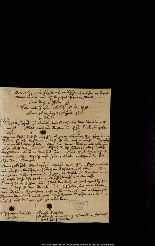 Texte manuscrit de Gottfried Kirch, 15 octobre 1678