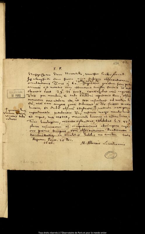 Lettre d'Albert Linemann à Jan Heweliusz, Kaliningrad, 25 décembre 1646