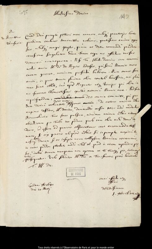 Lettre de Jan Heweliusz à Tito Livio Burattini, Gdansk, 20 mars 1681