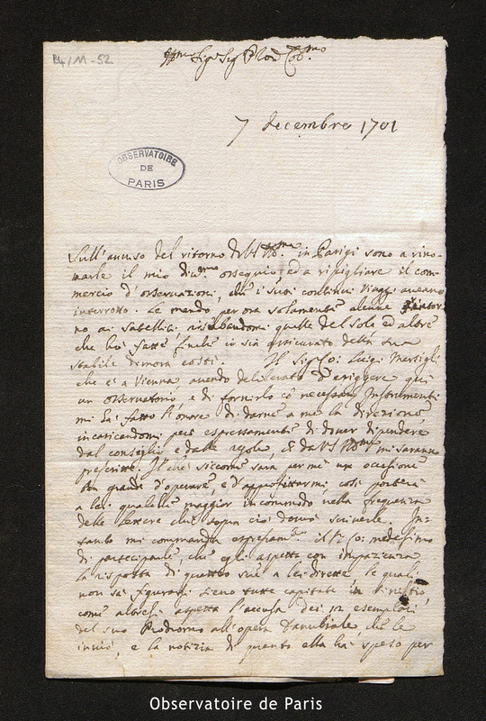 Lettre de Manfredi à Cassini I, Bologne le 7 décembre 1701