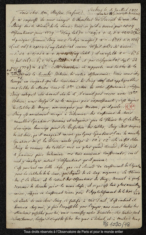 Lettre du baron Franz Xaver von Zach à Joseph Jérôme Le françois de Lalande Seeberg, 4 juillet 1801