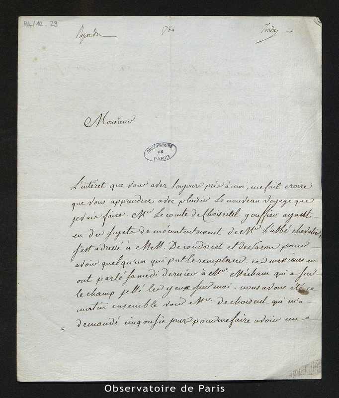 Lettre de Tondu à Cassini IV, Paris le 22 juin 1784