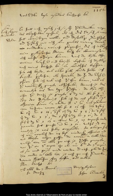 Lettre de Jan Heweliusz à Ulrich Clemens Michaelis, Gdansk, 3 novembre 1666