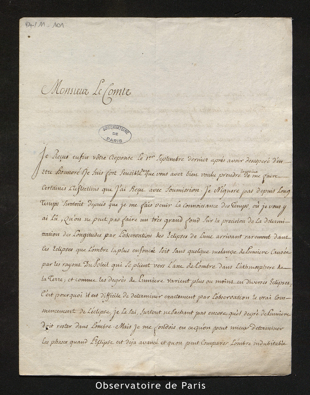 Lettre de Molins (l'abbé) à [Cassini IV], Joch le 30 octobre 1781