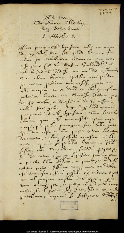 Lettre de Jan Heweliusz à Henry Oldenburg, Gdansk, 18 décembre 1666