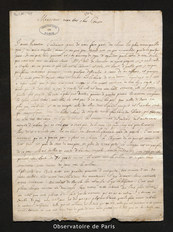 Lettre de Maraldi (Jacques Philippe), Maraldi I à Cassini II, Rome le 16 mai 1702