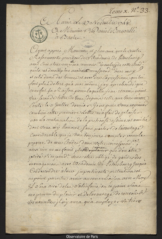 Lettre de Joseph-Nicolas Delisle à Daniel Bernoulli, Paris, 27 novembre 1748