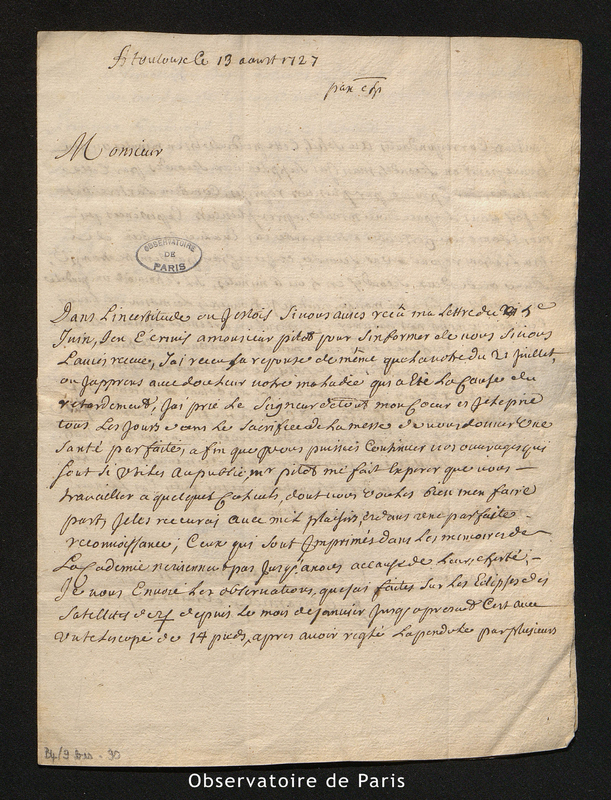 Lettre du Père Emmanuel de Viviers à Maraldi, Toulouse le 13 août 1727