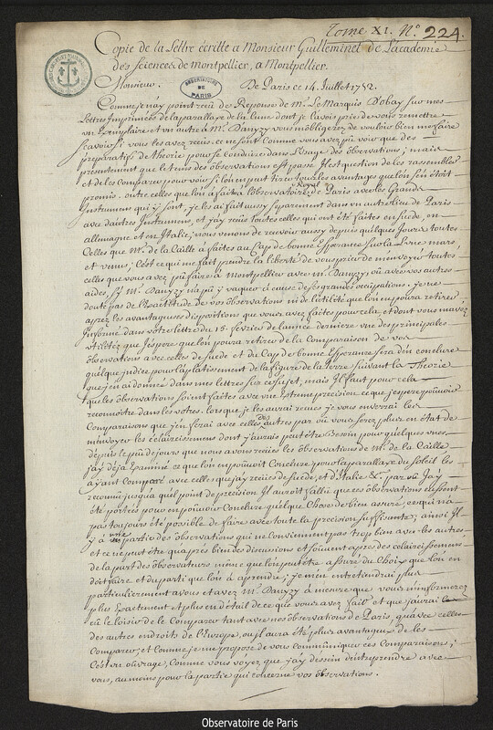 Lettre de Joseph-Nicolas Delisle à Pierre-François de Guilleminet, Paris, 14 juillet 1752