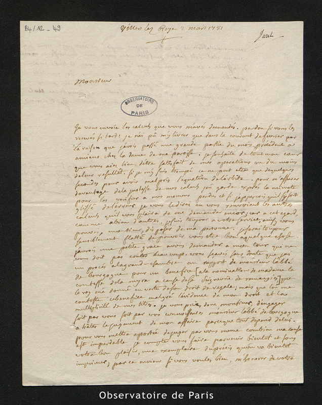 Lettre de Varet à Cassini, Villers les Roye le 2 mars 1781