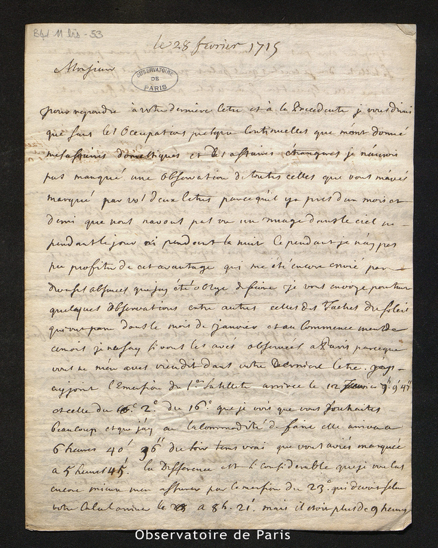 Lettre de Plantade, Montpellier le 28 février 1715