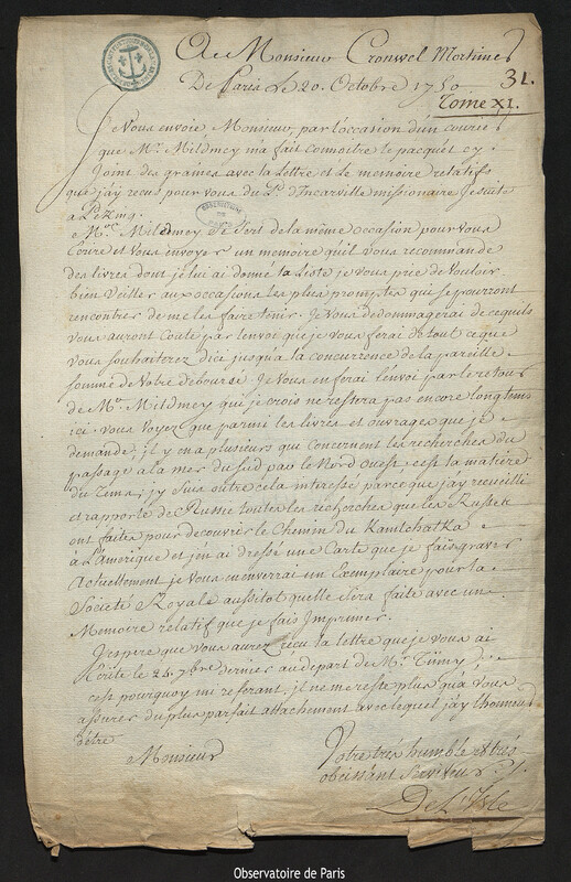 Lettre de Joseph-Nicolas Delisle à Cromwell Mortimer, Paris, 20 octobre 1750