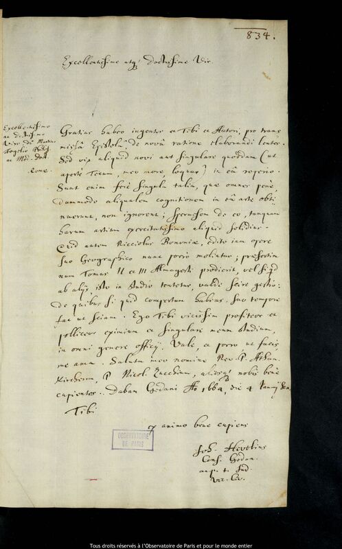 Lettre de Jan Heweliusz à Martin Fogel, Gdansk, 4 janvier 1664