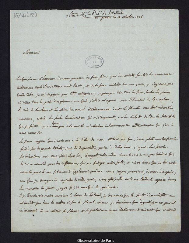 Lettre de Cassini IV, directeur de l'Observatoire, à Louis Le Tonnelier, baron de Breteuil, le 10 octobre 1786