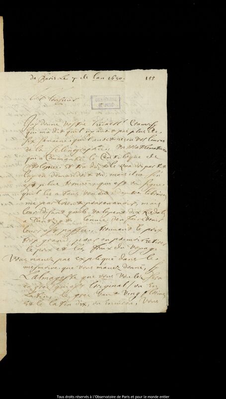 Lettre de Pierre Des Noyers à Jan Heweliusz, Paris, 7 janvier 1650