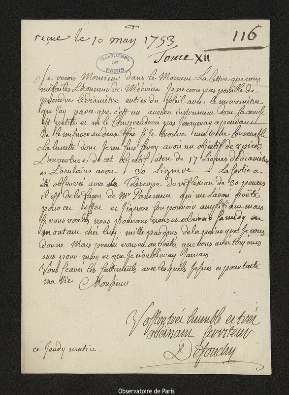 Lettre de Jean-Paul Grandjean de Fouchy à Joseph-Nicolas Delisle, Paris, 10 mai 1753