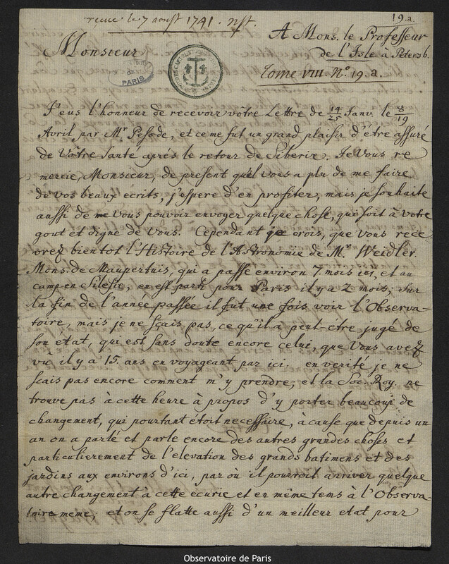 Lettre de Johann Wilhelm Wagner à Joseph-Nicolas Delisle, Berlin, 25 juillet 1741