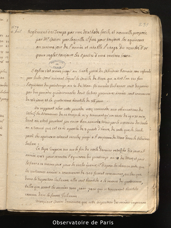 CASSINI I. Mémoires et observations datés entre le 17 avril 1679 et le 11 novembre 1686 et en partie publiés dans les Mémoires de l'Académie Royale des Sciences et Le Journal des Sçavans