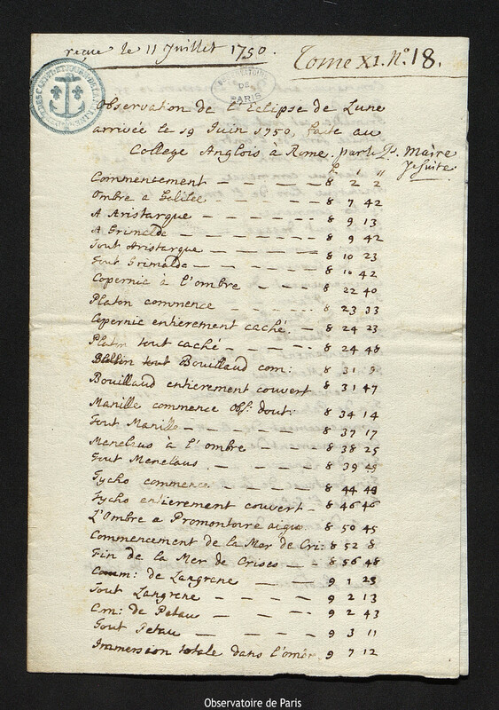 Note de Christopher Maire à Joseph-Nicolas Delisle, Rome