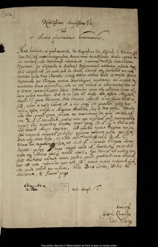 Lettre de Gottfried Zamel à Jan Heweliusz, Elblag, 12 février 1674