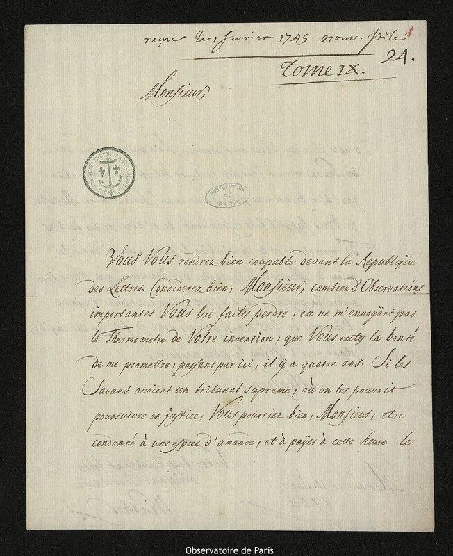 Lettre de Winther à Joseph-Nicolas Delisle, Moscou, 14 janvier 1745