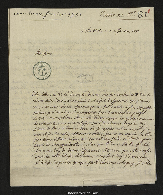 Lettre de Pehr Wilhelm Wargentin à Joseph-Nicolas Delisle, Stockholm, 12 février 1751