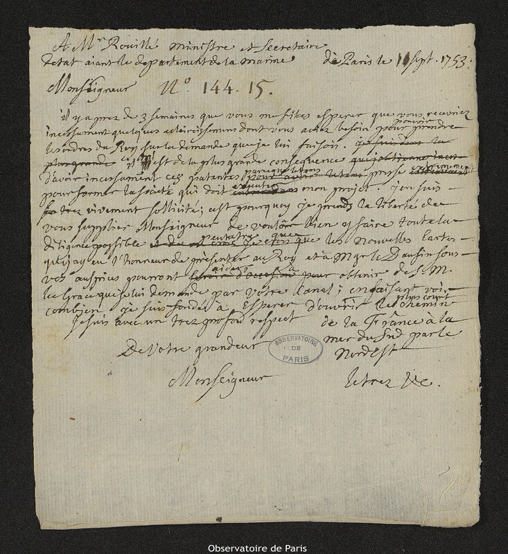 Lettre de Joseph-Nicolas Delisle à Antoine Louis Rouillé, Paris, 11 septembre 1753