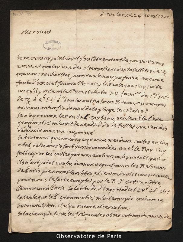 Lettre de Laval à Maraldi, Toulon le 24 août 1727