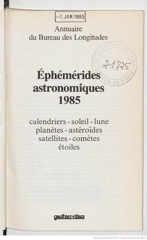 (1985-2014) Ephémérides astronomiques : annuaire du Bureau des longitudes