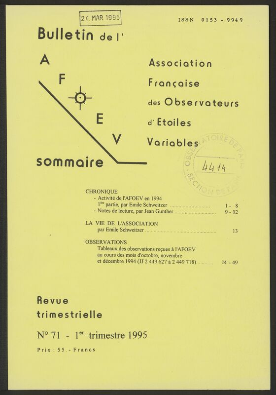 (1995) Bulletin de l'Association Française d'Observateurs d'Étoiles Variables