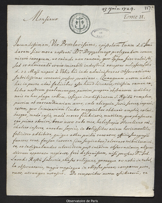 Lettre de Johann Philipp von Wurzelbau à Joseph-Nicolas Delisle, Nuremberg, 23 juin 1724