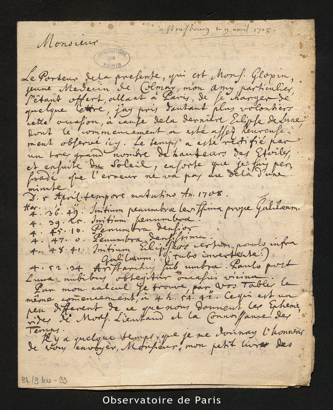 Lettre d'Eisenschmidt à La Hire, Strasbourg le 9 avril 1708