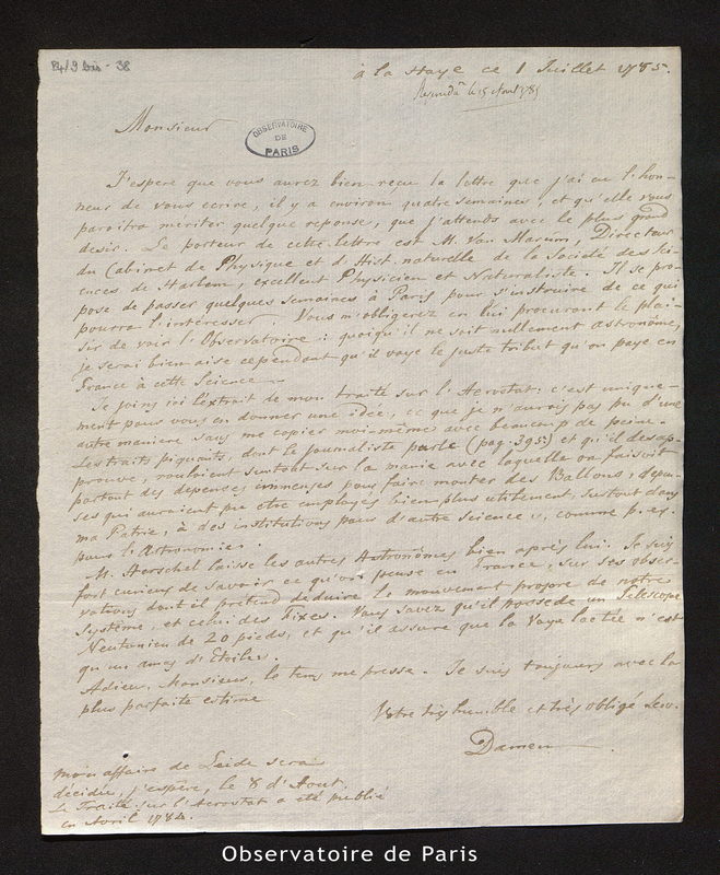 Lettre de C. H. Damen, La Haye le 1er juillet 1785