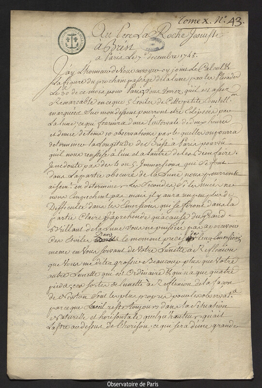 Lettre de Joseph-Nicolas Delisle à Père La Roche, professeur d'hydrographie, Paris, 7 décembre 1748