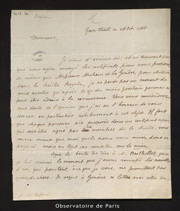 Lettre de C. Blagden à Cassini IV, Londres le 20 octobre 1788