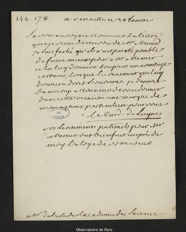 Lettre de Paul d'Albert de Luynes à Joseph-Nicolas Delisle, Versailles, 30 janvier 1763