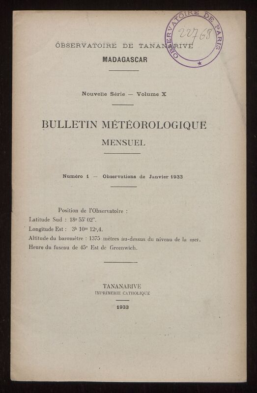 (1933) Bulletin météorologique mensuel de l'Observatoire de Tananarive