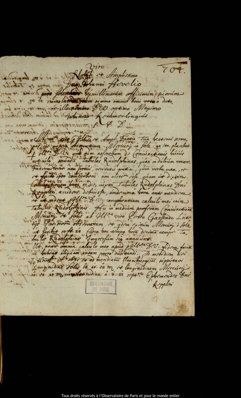 Lettre de Johann Kemmerling à Jan Heweliusz, Gdansk, 2 juin 1661