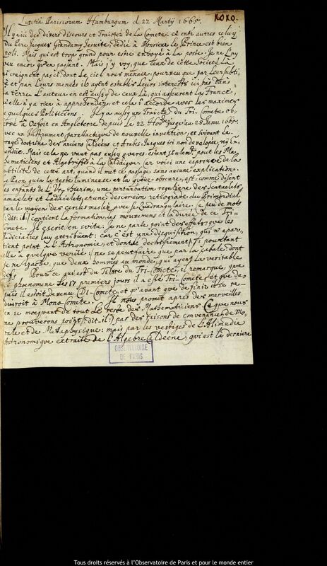 Lettre de Denis de Sallo à Stanislaw Lubieniecki, Paris, 27 mars 1665