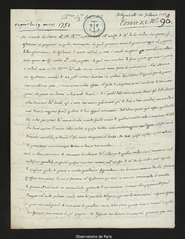 Lettre de Eustachio Zanotti à Joseph-Nicolas Delisle, Bologne, 20 février 1751