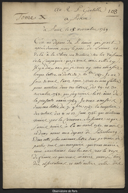 Lettre de Joseph-Nicolas Delisle à Antoine Gaubil, Paris, 15 novembre 1749