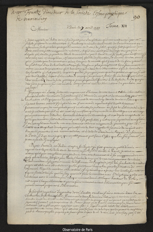 Lettre de Joseph-Nicolas Delisle à Johann Michael Franz, Paris, 7 avril 1753