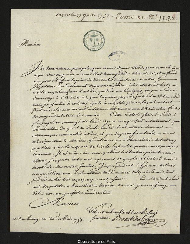 Lettre de Jean Jérémie Brackenhoffer à Joseph-Nicolas Delisle, Strasbourg, 20 mai 1751