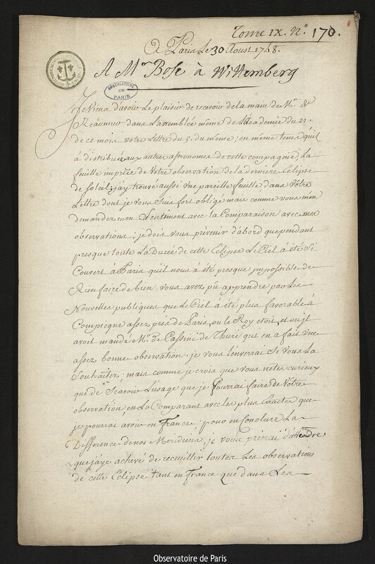 Lettre de Joseph-Nicolas Delisle à Georg Matthias Bose, Paris, 30 août 1748